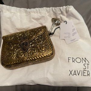2b From St Xavier Metal Bag Gold Handmade Embossed Shoulder Clutch Bhldn New